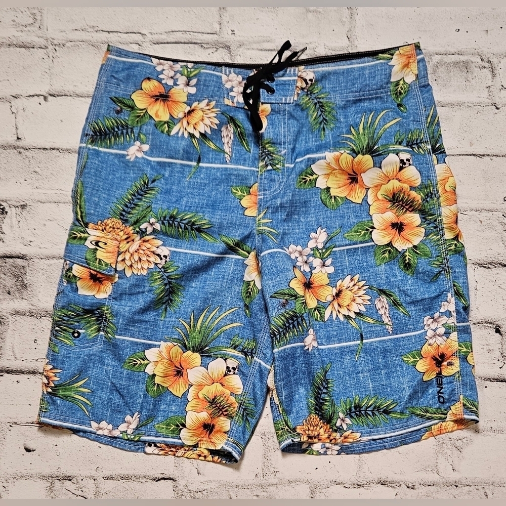 O’Neill Blue Yellow Floral Flat Front Shorts Mens Waist 34 Beach Surf